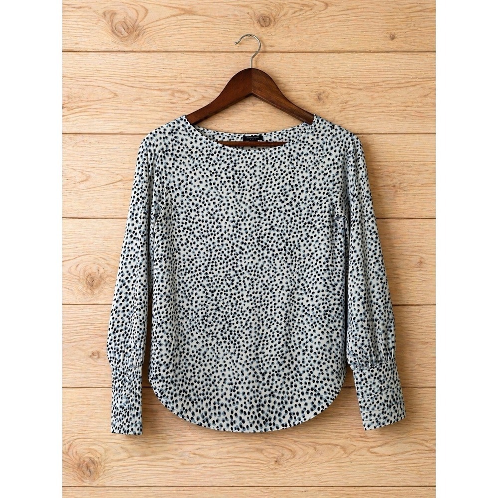 Ann Taylor Petite Blouse XXSP Blue Black Polka Dot Long Sleeve Lightweight Top